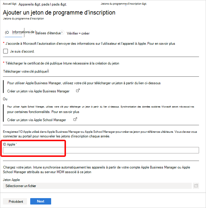 Capture d’écran mettant en évidence le champ ID Apple dans le volet « Ajouter un jeton de programme d’inscription ». 