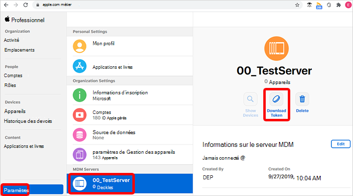 Capture d’écran montrant comment renouveler et télécharger un jeton Apple dans Apple Business Manager.