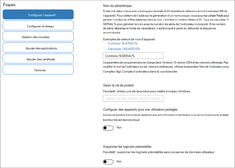 Capture d’écran indiquant où spécifier le nom et la clé de produit dans l’application Windows Configuration Designer