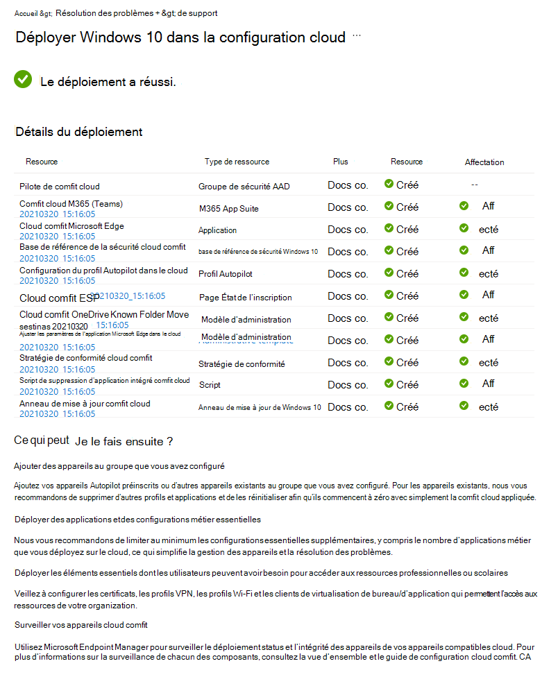 Capture d’écran montrant comment passer en revue les Windows 10/11 dans le déploiement de scénario guidé de configuration cloud status dans Microsoft Intune.