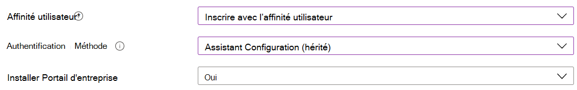 Dans le centre d’administration Intune et Microsoft Intune, inscrivez des appareils iOS/iPadOS à l’aide de l’inscription automatisée des appareils (ADE). Sélectionnez Inscrire avec l’affinité utilisateur, utilisez l’Assistant Configuration pour l’authentification et installez l’application Portail d'entreprise.