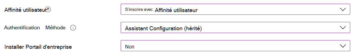 Dans le centre d’administration Intune et Microsoft Intune, inscrivez des appareils iOS/iPadOS à l’aide de l’inscription automatisée des appareils (ADE). Sélectionnez Inscrire avec l’affinité utilisateur, utilisez l’Assistant Configuration pour l’authentification et n’installez pas l’application Portail d'entreprise.