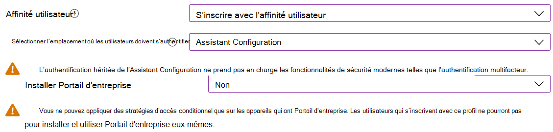 Dans le centre d’administration Intune et Microsoft Intune, inscrivez des appareils iOS/iPadOS à l’aide d’Apple Configurator. Sélectionnez Inscrire avec l’affinité utilisateur, utilisez l’Assistant Configuration pour l’authentification et n’installez pas l’application Portail d'entreprise.