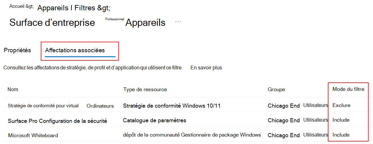 Capture d’écran montrant les onglets d’affectation associés pour un filtre existant dans Microsoft Intune.