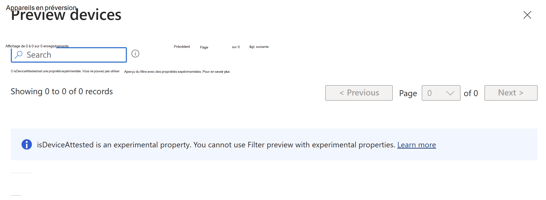 Capture d’écran montrant le message d’aperçu de filtre impossible lorsque vous cliquez sur Appareils en préversion avec une propriété d’aperçu dans la syntaxe de règle de filtre dans Microsoft Intune.