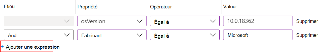 Capture d’écran montrant comment utiliser le générateur de règles dans Microsoft Intune pour créer un filtre d’expression et attribuer à vos stratégies.