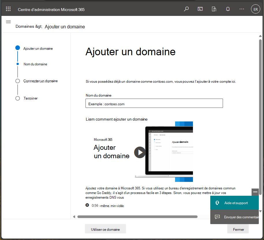 Capture d’écran du Centre d’administration Microsoft 365 -Ajouter un domaine