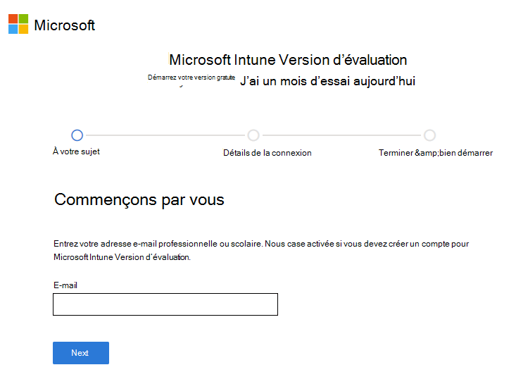 Capture d’écran de la page Microsoft Intune configurer le compte - Entrer un e-mail