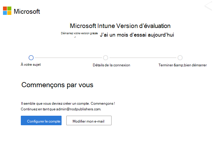 Capture d’écran de la configuration d’un compte dans la page de configuration d’un compte Microsoft Intune