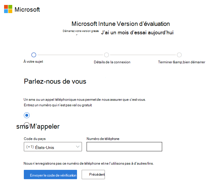 Capture d’écran de l’envoi du code de vérification dans la page de configuration d’un compte Microsoft Intune