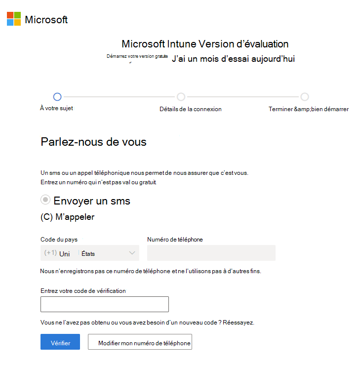 Capture d’écran de la vérification du code dans la page de configuration d’un compte Microsoft Intune