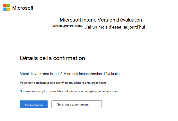 Capture d’écran de la page Microsoft Intune configurer le compte - Détails de la confirmation