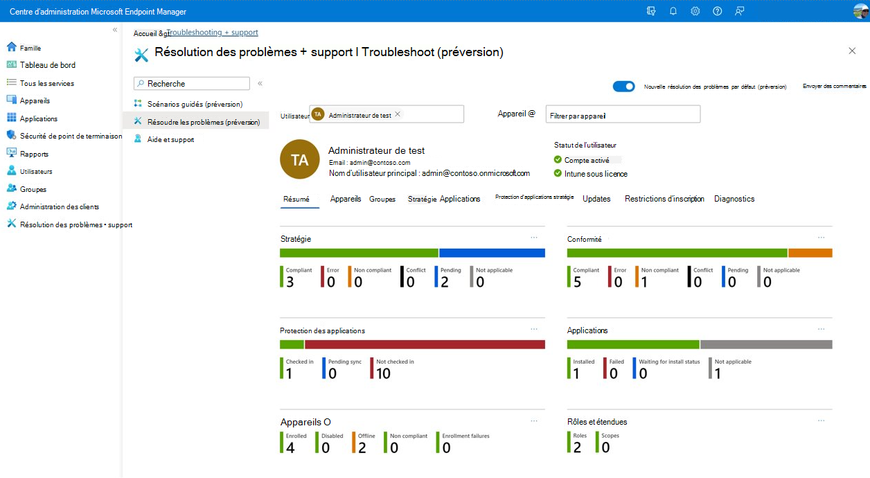 tableau de bord de résolution des problèmes de Intune