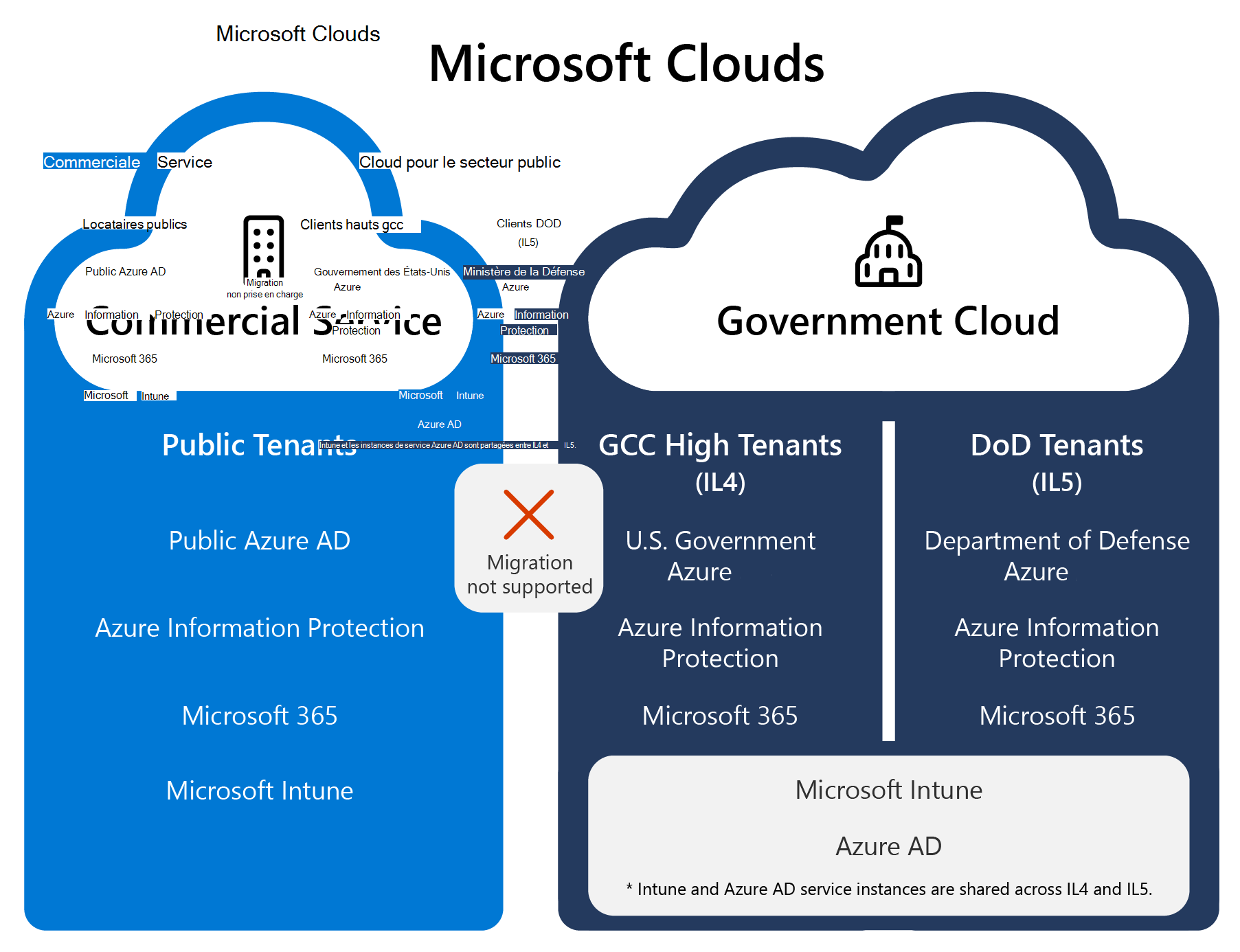 Capture d’écran montrant le cloud Microsoft Government, y compris les services GCC High et DoD, est physiquement distinct du cloud public et des instances de cloud commercial.