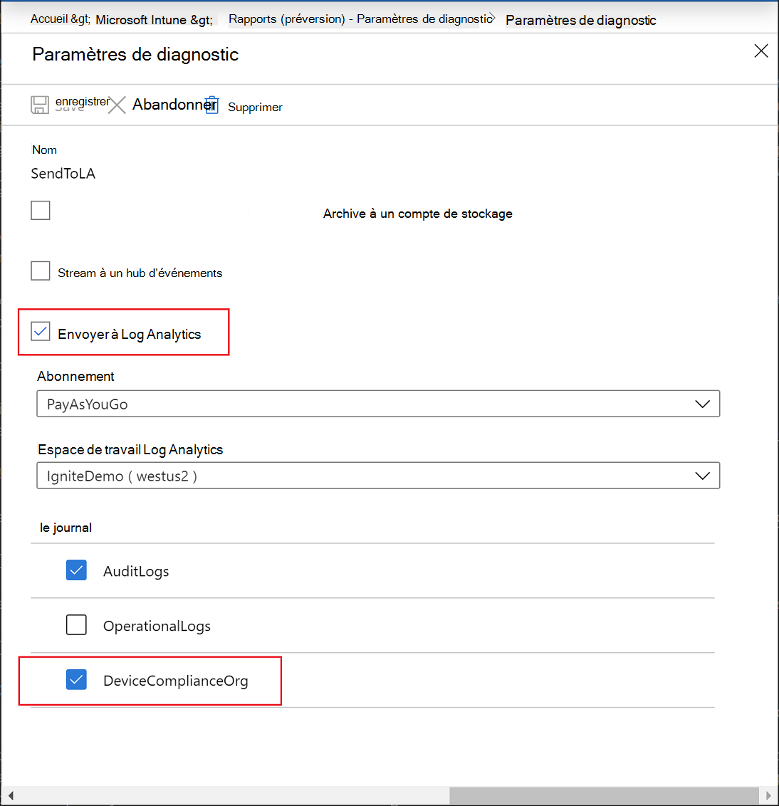 Rapports Intune - Paramètres de diagnostic