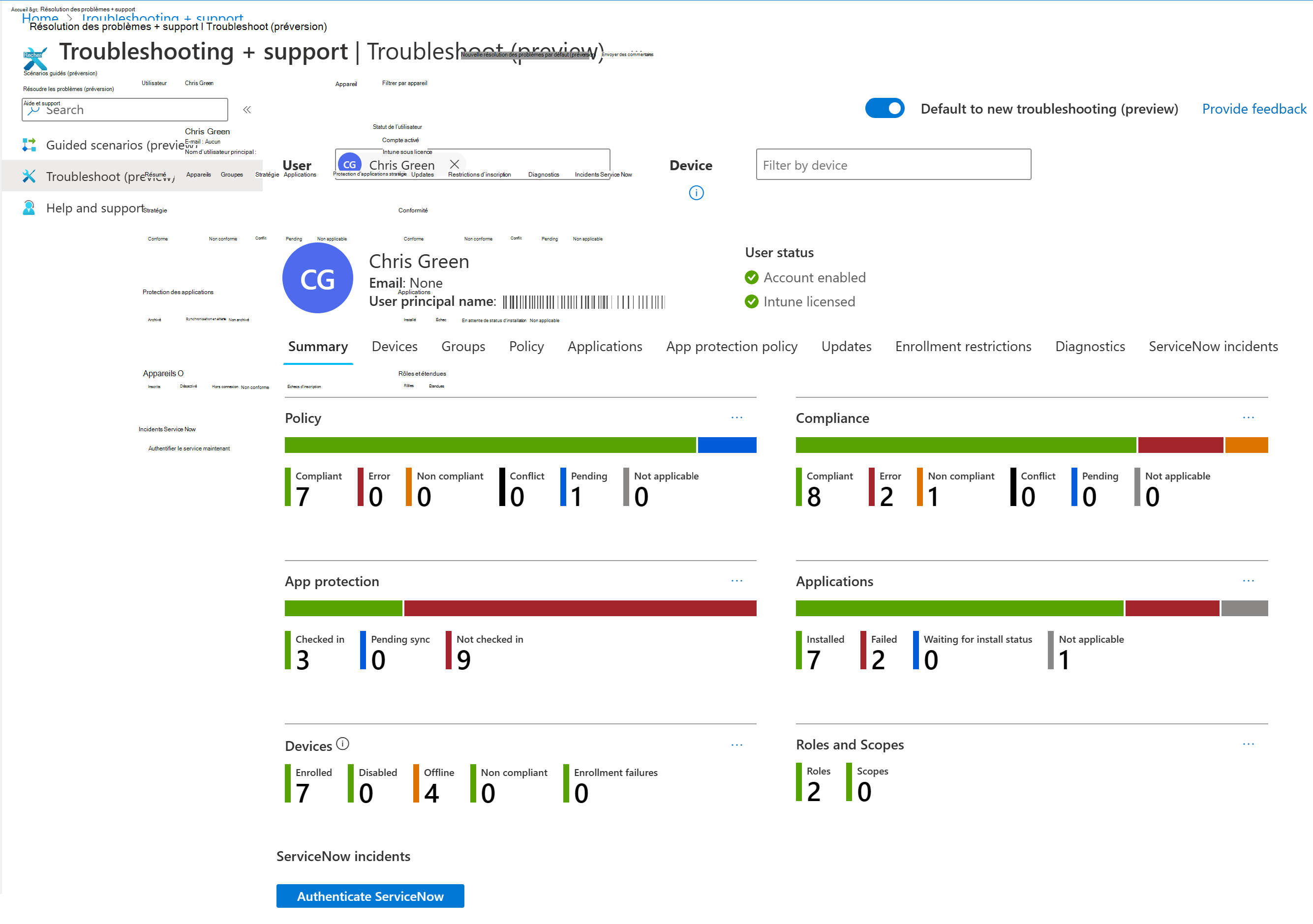 Capture d’écran montrant le tableau de bord de résolution des problèmes Intune avec l’onglet Résumé et les détails de l’utilisateur sélectionné