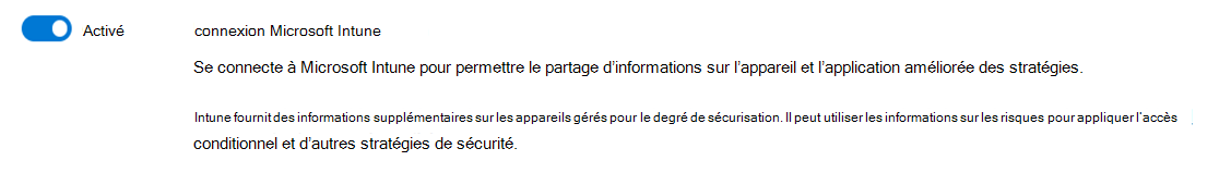 Capture d’écran du paramètre de connexion de Microsoft Intune.