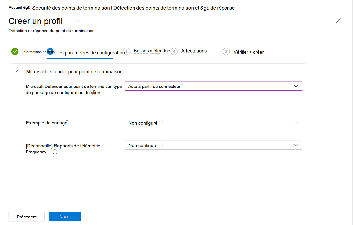 Capture d’écran des options de configuration pour Détection de point de terminaison et réponse.