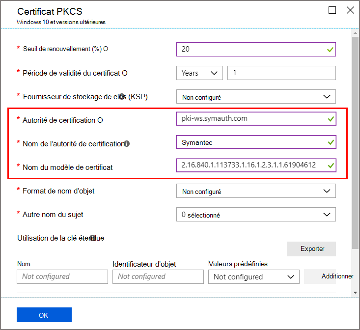 Sélections pour l’AC et le modèle de certificat