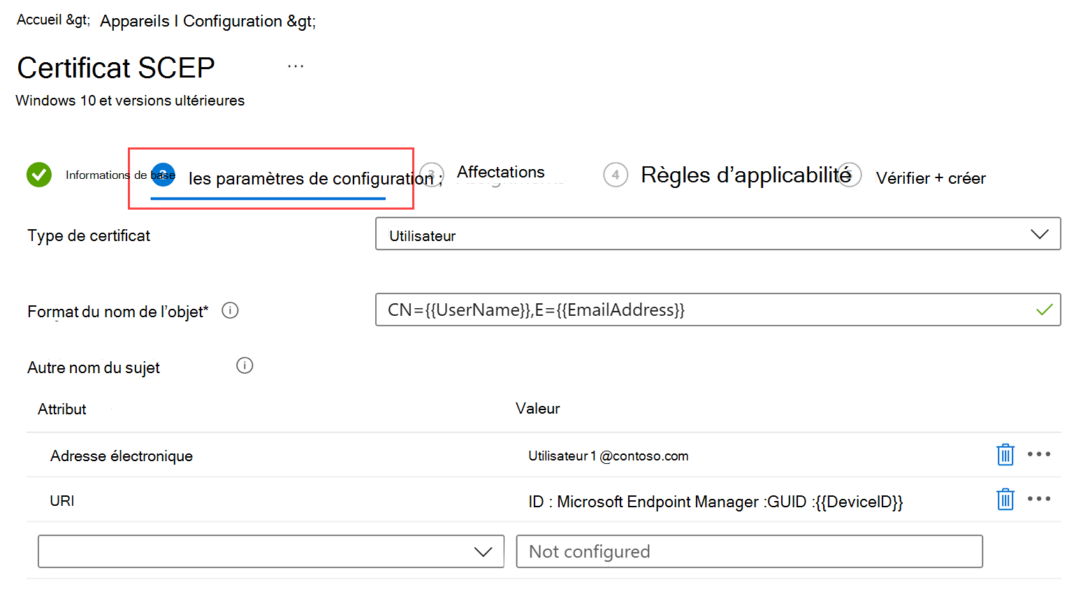 Capture d’écran du flux de création de profil de certificat SCEP mettant en évidence l’étiquette Paramètres de configuration.