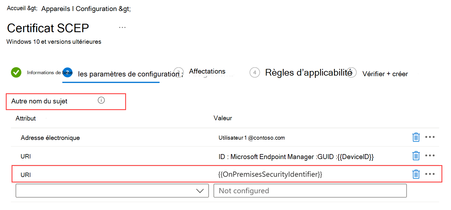 Capture d’écran du profil de certificat SCEP mettant en évidence la section Autre nom de l’objet et les champs URI et Valeur terminés.