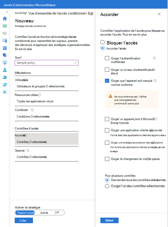 Capture d’écran de l’aire de configuration et des options d’octroi