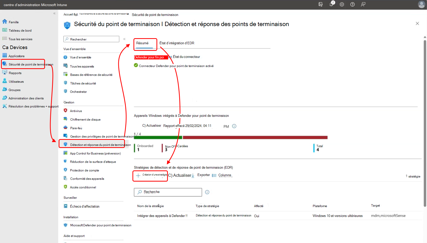 Capture d’écran du centre d’administration qui montre où trouver l’option Créer une stratégie.