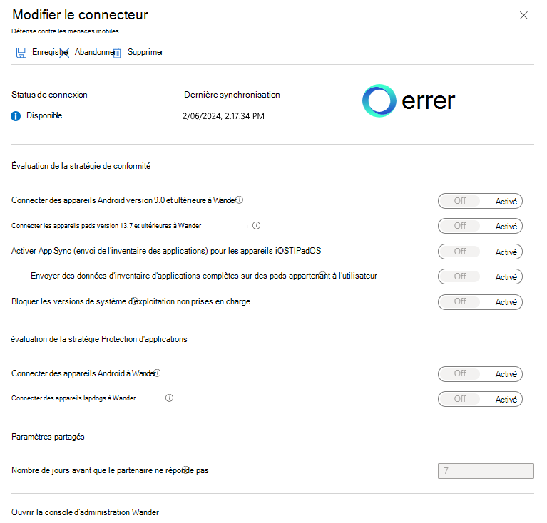 Capture d’écran montrant le connecteur MTD activé pour Jamf.