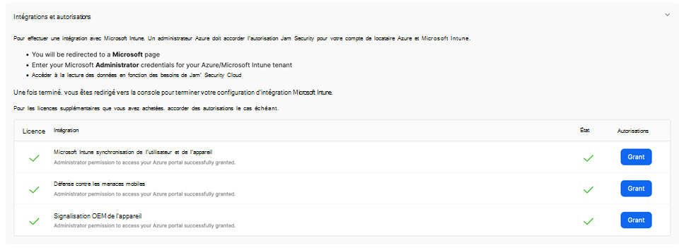 Capture d’écran des intégrations et autorisations pour Jamf.
