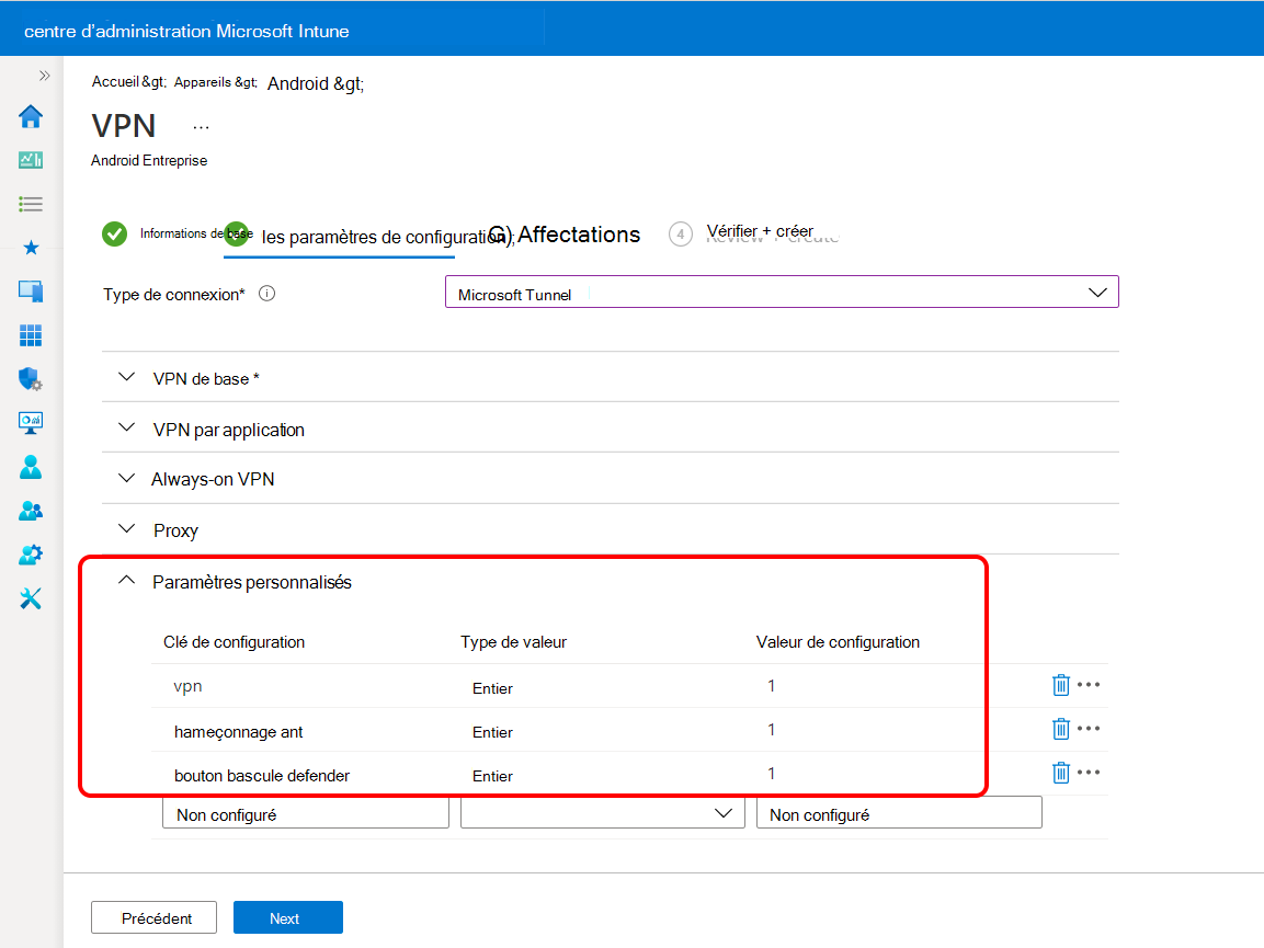 Configurer des paramètres personnalisés dans le profil VPN pour Microsoft Defender pour point de terminaison