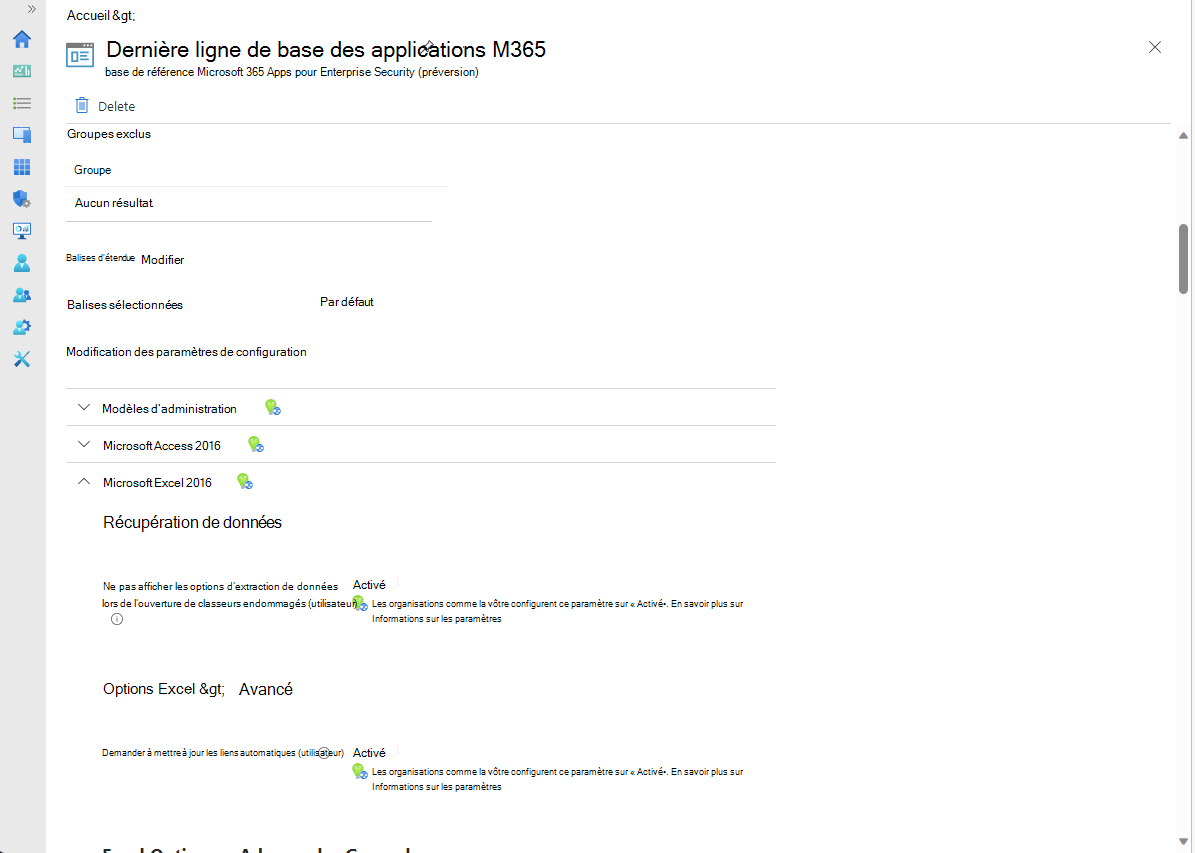 Affichez la configuration des bases de référence, où vous pouvez les modifier pour apporter des modifications.