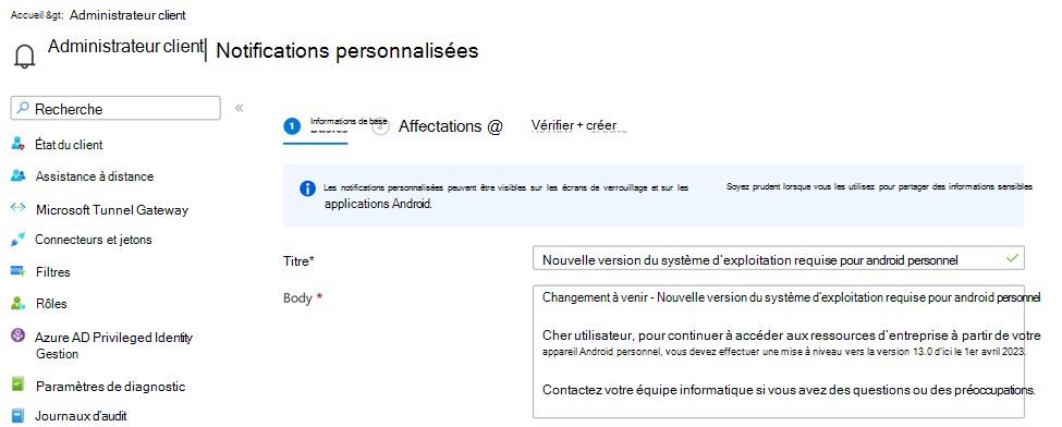 Capture d’écran montrant un message de notification personnalisé dans le centre d’administration Microsoft Intune.