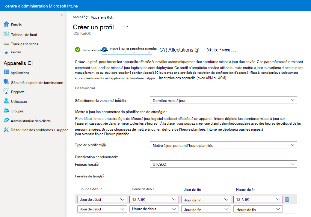 Capture d’écran montrant la sélection d’installer une mise à jour pendant l’heure planifiée dans une stratégie de mise à jour dans Microsoft Intune.