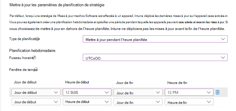 Capture d’écran des paramètres de planification de la stratégie de mise à jour.