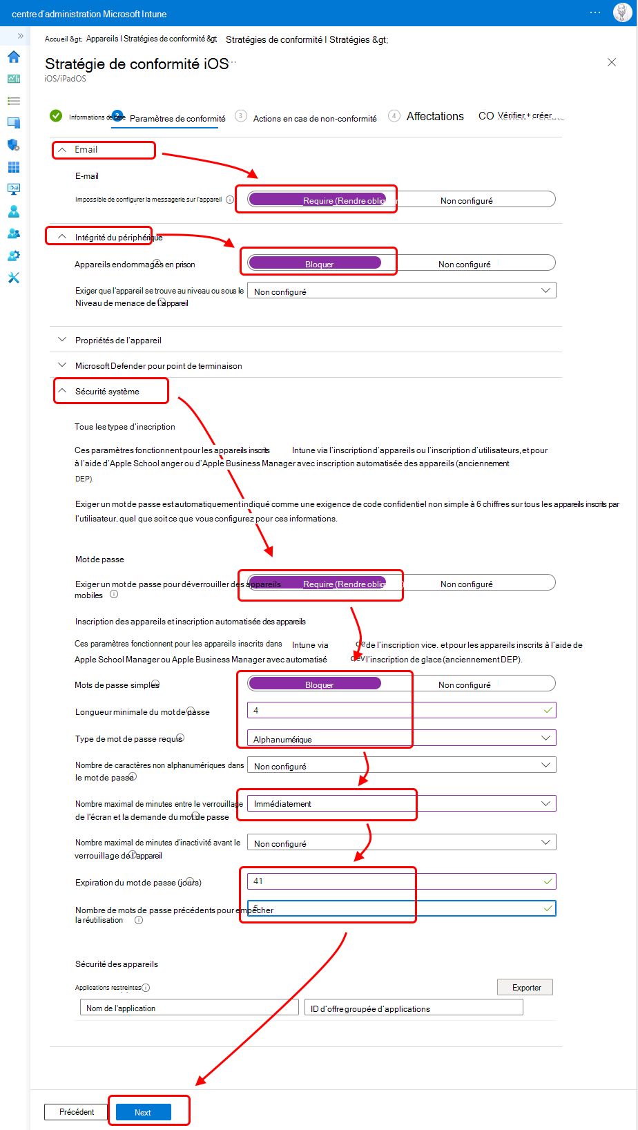 Configuration de la stratégie de conformité iOS.