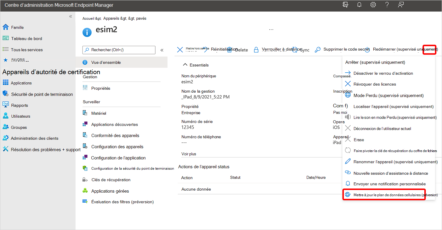 Capture d’écran de la mise à jour du plan de données cellulaires