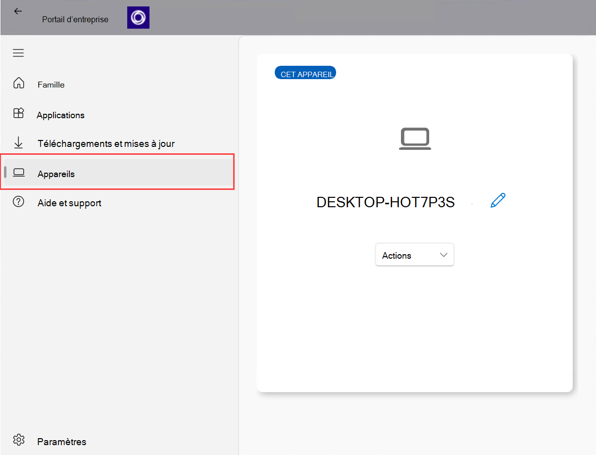Capture d’écran de l’application Portail d'entreprise pour Windows mettant en surbrillance l’option « Appareils ».