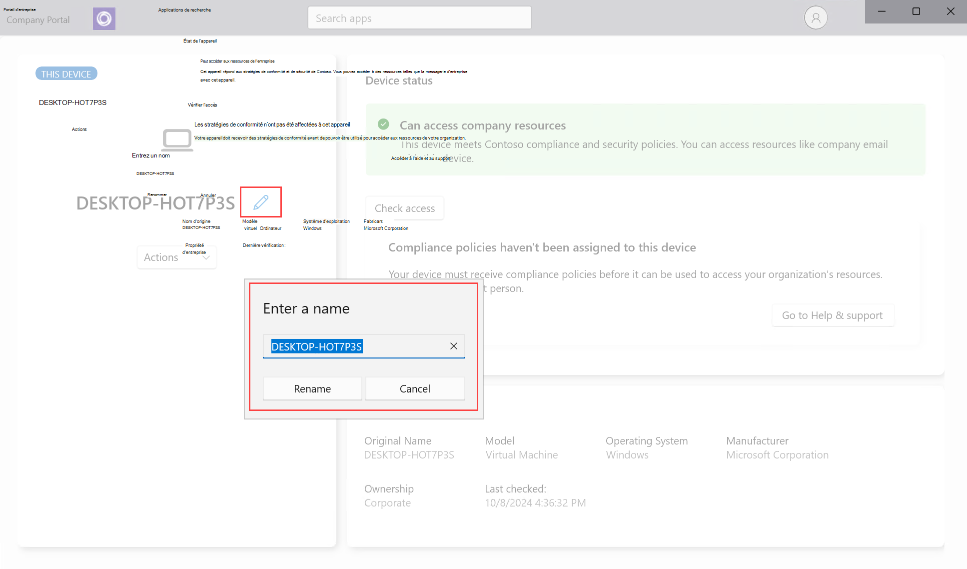 Exemple de capture d’écran de l’application Portail d'entreprise pour Windows mettant en surbrillance l’icône de modification du crayon et les paramètres de renommage.