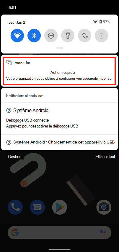 Capture d’écran de la notification Push de l’application Intune sur l’écran d’accueil de l’appareil.