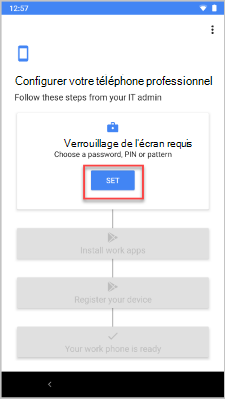 Exemple d’image de l’écran Configurer votre téléphone professionnel, mettant en surbrillance le bouton Définir.
