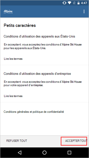 Capture d’écran de l’écran Portail d'entreprise, Conditions, mettant en évidence le bouton « Accepter tout ».