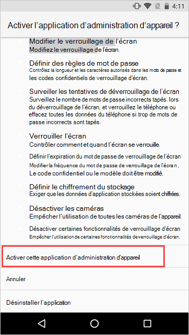 Capture d’écran de l’écran Activer l’administrateur de l’appareil, mettant en surbrillance le bouton Activer.