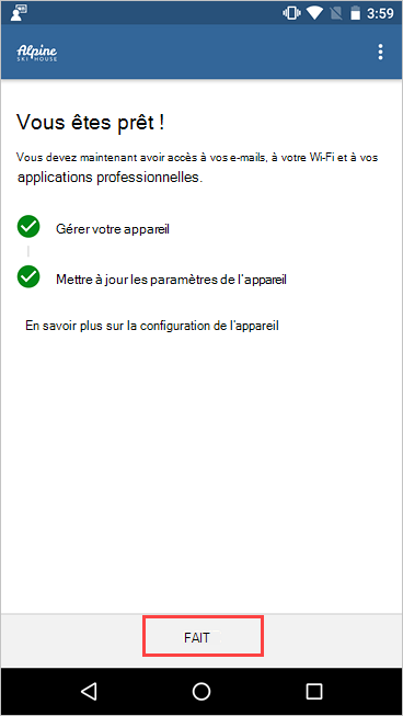 Capture d’écran de Portail d'entreprise, écran Configuration de l’accès à l’entreprise, montrant l’installation terminée et le bouton Terminé mis en évidence.