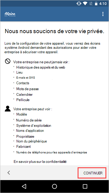 Capture d’écran de Portail d'entreprise’écran Nous nous soucions de votre confidentialité, en mettant en surbrillance le bouton Continuer.