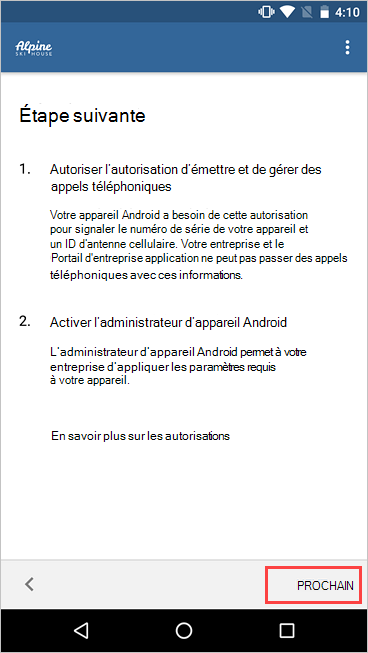 Capture d’écran de Portail d'entreprise, écran Prochaine étape, mettant en surbrillance le bouton Suivant.