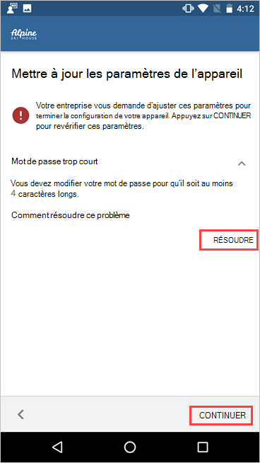 Capture d’écran de Portail d'entreprise, Mettre à jour les paramètres de l’appareil, mettant en surbrillance les boutons Résoudre et Continuer.