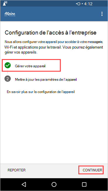 Capture d’écran de Portail d'entreprise, écran Configuration de l’accès à l’entreprise, montrant que la gestion de votre appareil est terminée.