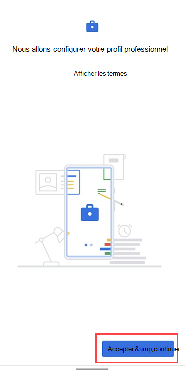 Capture d’écran de Portail d'entreprise montrant un lien vers les conditions google et mettant en évidence le bouton Accepter & continuer.