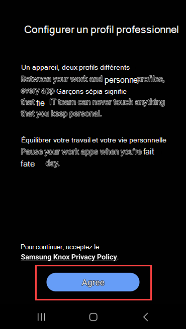 Capture d’écran de Portail d'entreprise montrant un lien vers la politique de confidentialité de Samsung Knox et mettant en surbrillance le bouton Accepter.