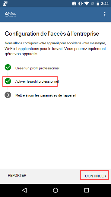 Capture d’écran du programme d’installation de l’accès à l’entreprise montrant que le profil professionnel est actif.